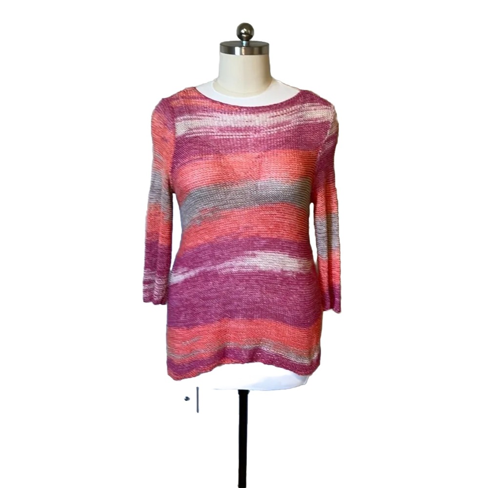 Chico's Women's Size L Pink Peach Stripe Open Knit Tunic Sweater